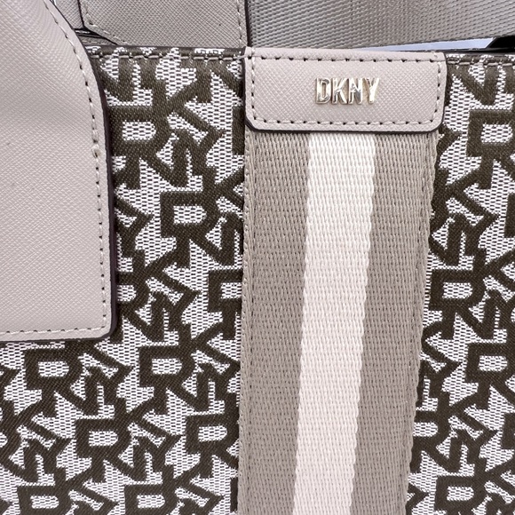 DKNY “CARLITA MD TOTE” BAG, BEIGE WITH BROWN LOGO ALL OVER WITH SHOULDER STRAP - Picture 8 of 16
